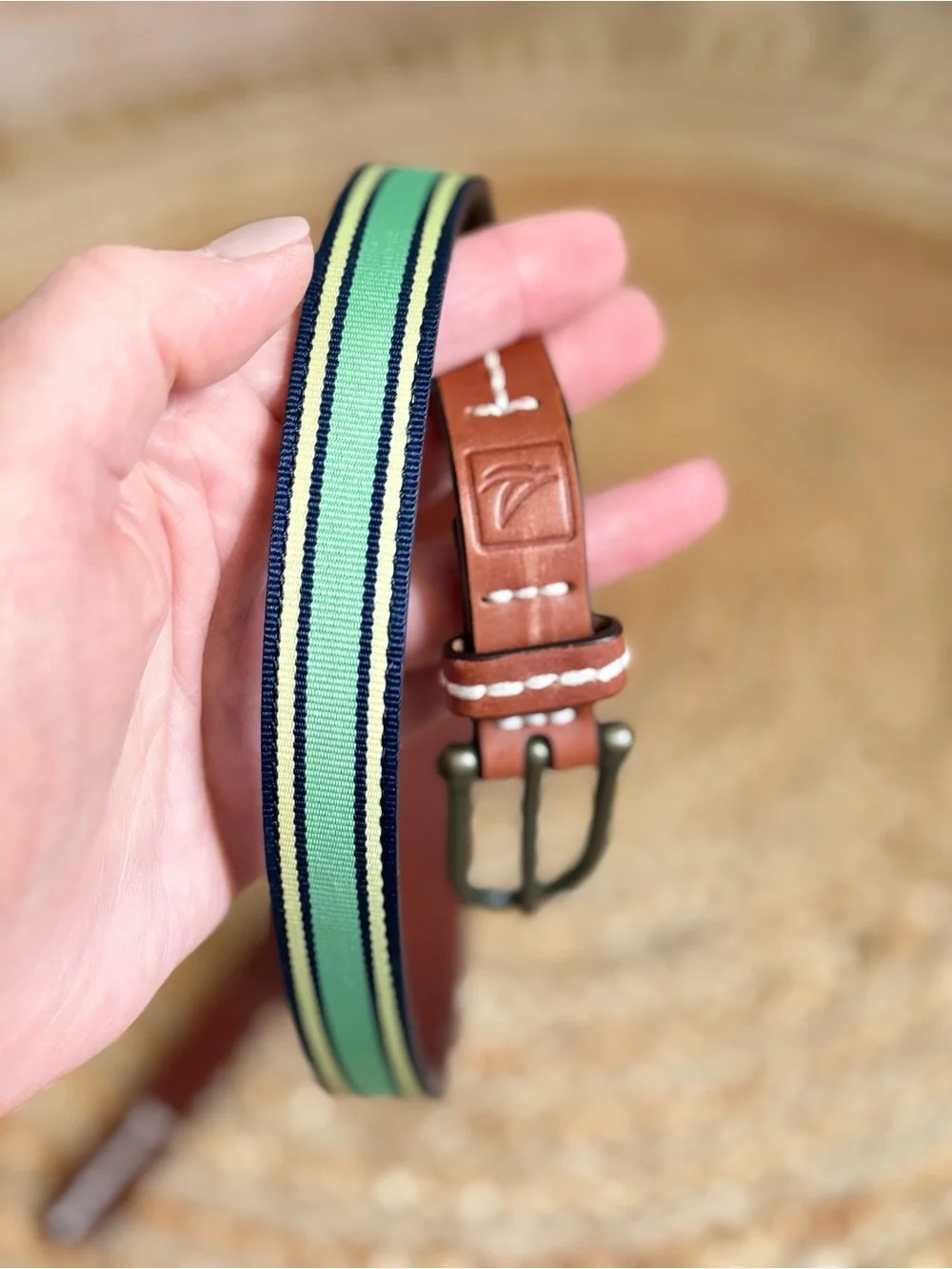 🌾 Sperry Women’s Leather Belt with Green and Navy Striped Nylon
